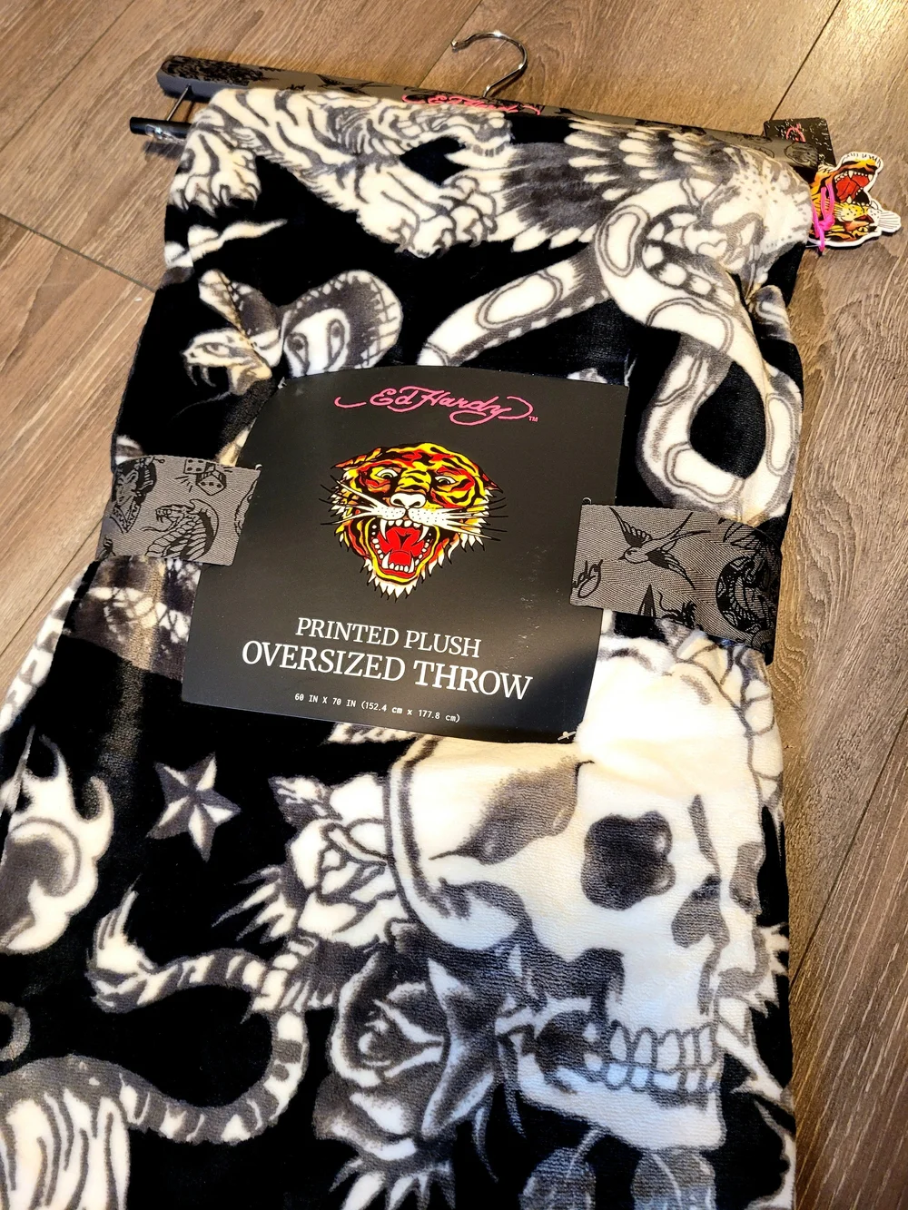 Ed Hardy Black & White Skull Printed Plush Oversized Throw